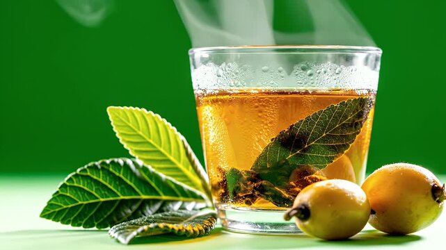 Steaming Hot Loquat Leaf Tea in Clear Glass with Fresh Loquats and Green Leaves on a Vibrant Green Background with Soft Lighting and Natural Steam