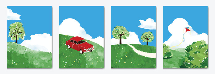 Naklejka premium Abstract Green Summer landscape background vector set. Nature wallpaper of green field on mountain, yellow flowers, blue sky , birds, river. Watercolor illustration for cover, wall art, decoration.