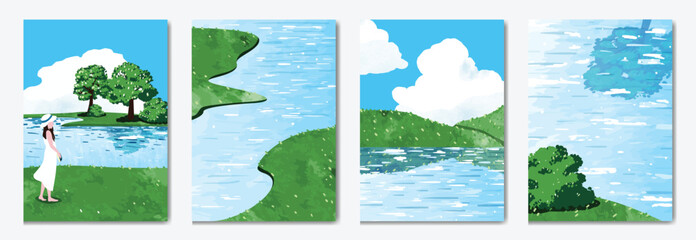 Fototapeta premium Abstract Green Summer landscape background vector set. Nature wallpaper of green field on mountain, yellow flowers, blue sky , birds, river. Watercolor illustration for cover, wall art, decoration.