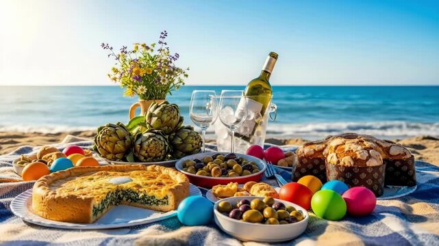 Easter picnic on sunny beach with colored eggs olives artichokes and spinach quiche. Outdoor spring holiday meal with wine pastries and flowers by the sea for celebration