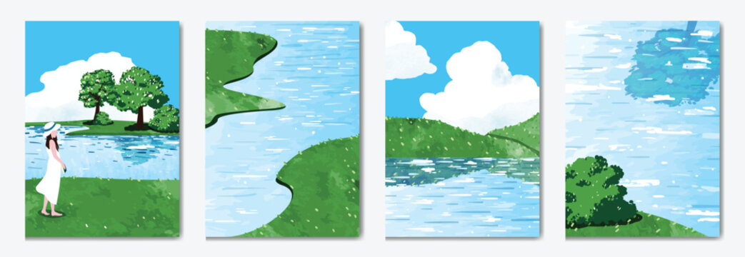 Abstract Green Summer landscape background vector set. Nature wallpaper of green field on mountain, yellow flowers, blue sky , birds, river. Watercolor illustration for cover, wall art, decoration.
