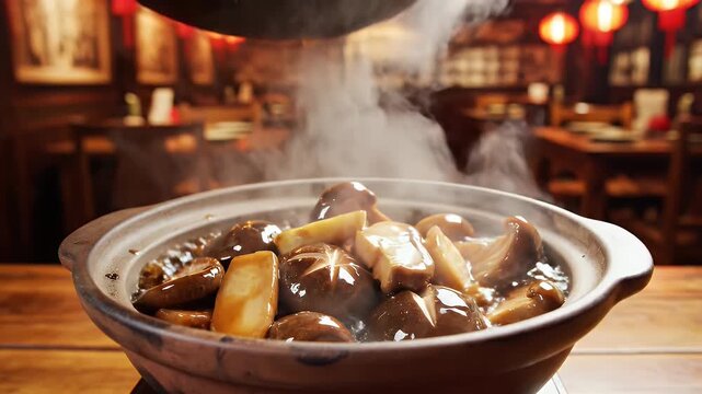 Steaming San Bei Xiang Gu Mushroom Dish with Garlic and Ginger Simmering in Dark Savory Sauce in a Wok Aromatic Asian Cuisine Close Up