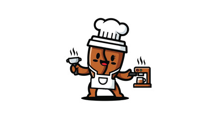 Fototapeta premium Cartoon coffee bean chef with utensils and appliance on white