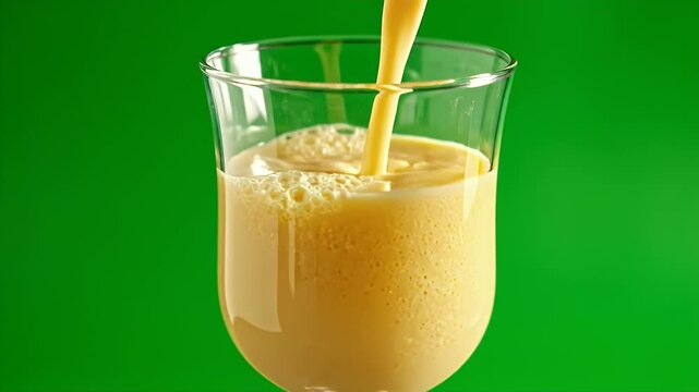 Thick Golden Beverage Pouring Into Clear Glass Creating Foam Against Vibrant Green Background Detailed Cinematic Food Commercial Shot