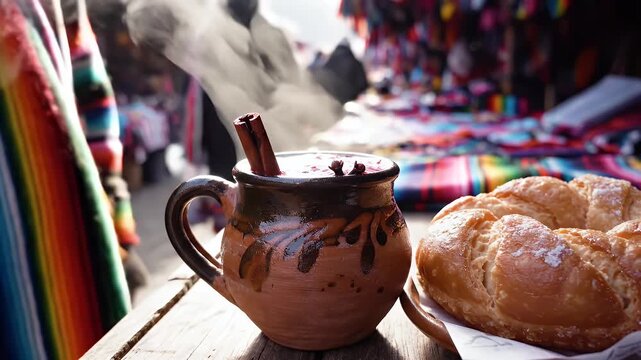 Traditional Bolivian Purple Corn Drink Api Morado Served in Clay Mug with Sweet Bread at Outdoor Market Stall with Colorful Textiles Detailed Close-up