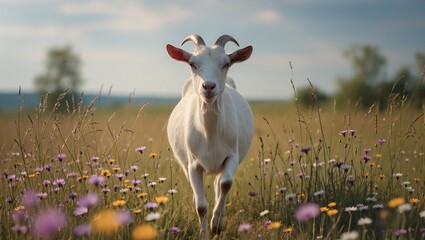 Obraz premium White goat walking through a vibrant field of wildflowers under a cloudy sky, showcasing a natural rural landscape in a serene environment
