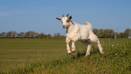 Fototapeta premium Young white goat with brown markings leaps joyfully across a grassy hillside under a clear blue sky, surrounded by a lush green landscape and distant trees