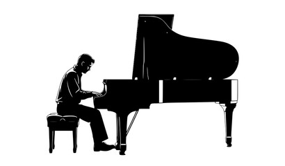 Man playing grand piano silhouette vector side view elegant music performance isolated on white background © MD JAHID