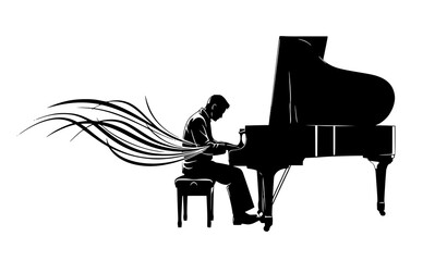 Expressive pianist silhouette playing grand piano vector dynamic music performance isolated on white background © MD JAHID