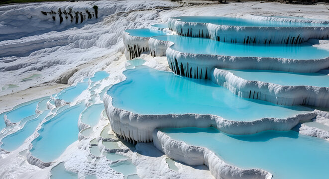 Stunning aerial view of pamukkale turkey s iconic white travertine terraces filled with vibrant turquoise mineral water creating a surreal natural wonder