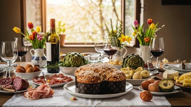 Italian easter colomba cake centerpiece on dining table with tulips, red wine, artichokes, cheeses, salami, prosciutto, hardboiled eggs, and avocado. Spring holiday feast concept for family