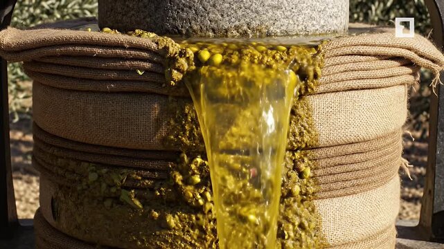Traditional Greek Cold Press Olive Oil Extraction Natural Process Revealing Golden Liquid Fruit Harvest Rural Farm Outdoor Sunny Daylight
