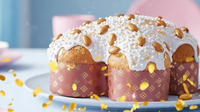 Easter kulich bread topped with white icing almonds and colorful sprinkles on festive table. Traditional Russian Orthodox pastry for holiday celebration. Symbol of resurrection and spring renewal in