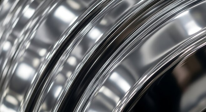 Close-up macro of chrome surface texture with dynamic light reflections, abstract metallic background featuring high gloss finish and sleek modern aesthetic.