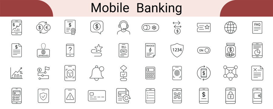 Set of mobile banking and finance line icons vector collection of thin outline icons for mobile apps and web design