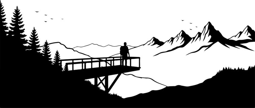 Mountain landscape silhouette, scenic overlook vector, black and white illustration, outdoor scenery