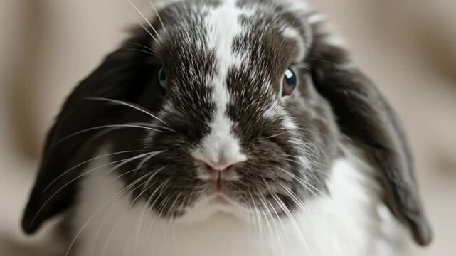 Close-up of a charming lop-eared rabbit with striking black, white, and gray fur, gazing intently