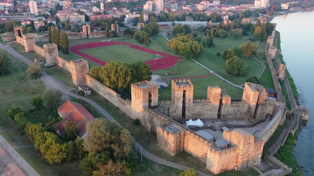 Aerial view of Smederevo Fortress beside Danube River in Serbia