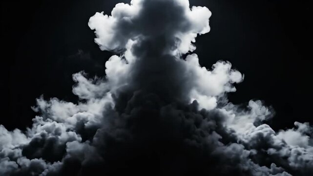 Dramatic white smoke billows and expands upwards against a dark backdrop, creating a powerful and mysterious visual.