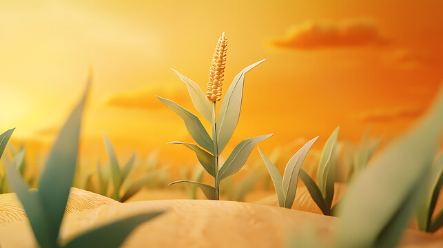Golden wheat plants grow in sandy soil at sunset