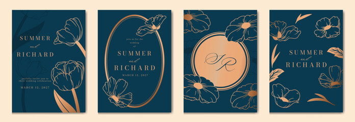 Fototapeta na wymiar Navy Blue Luxury Wedding Invitation, floral invite thank you, rsvp modern card Design in gold flower with leaf greenery branches decorative Vector elegant rustic template