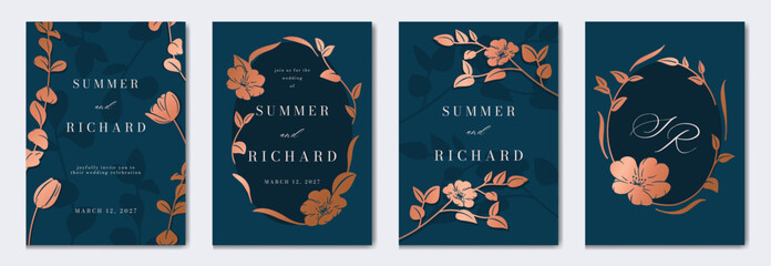 Fototapeta na wymiar Navy Blue Luxury Wedding Invitation, floral invite thank you, rsvp modern card Design in gold flower with leaf greenery branches decorative Vector elegant rustic template