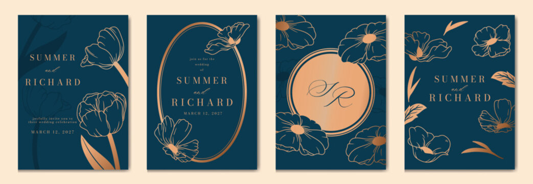 Navy Blue Luxury Wedding Invitation, floral invite thank you, rsvp modern card Design in gold flower with  leaf greenery  branches decorative Vector elegant rustic template