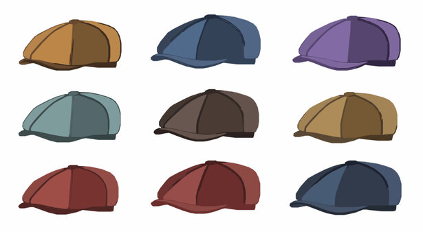 Classic flat cap hats colorful fashion accessory vector set