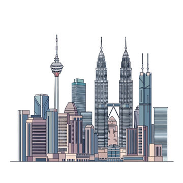 Kuala Lumpur Skyline Illustration: Iconic Petronas Towers, KL Tower, Modern Architecture