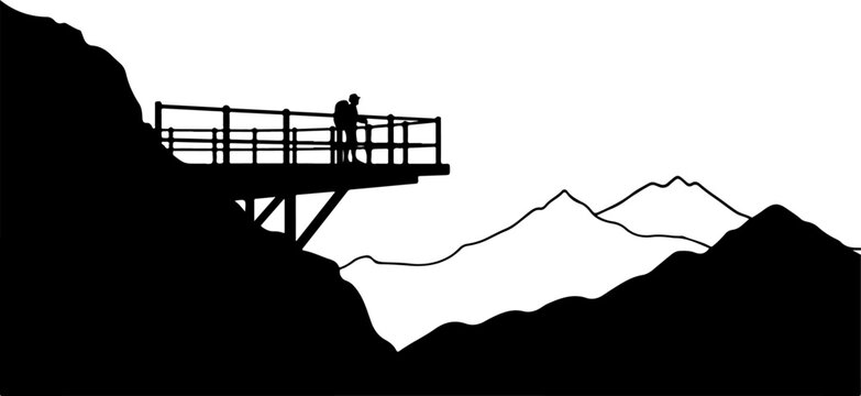 Vector silhouette of person on mountain observation deck