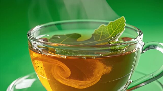 Warm And Inviting Hot Fig Leaf Tea Brewed Freshly In A Clear Glass Cup With Green Leaf Garnish And Steam Rising Upwards Against A Vibrant Green Studio Background Cinematic Lighting