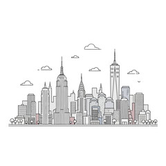 Fototapeta premium New York City Skyline Illustration: Iconic Buildings, Clouds, Trees, Minimalist Line Art