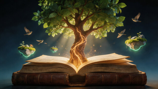 Magical tree of knowledge growing from open book with glowing veins and emerald leaves. Floating islands and birds under warm golden light against dark blue background. 3D render for education usage.