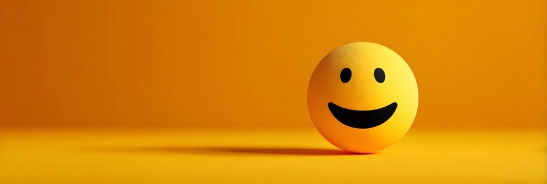 A vibrant yellow textured sphere depicting a classic happy smiley face expression positioned on a smooth matching orange background with soft studio l