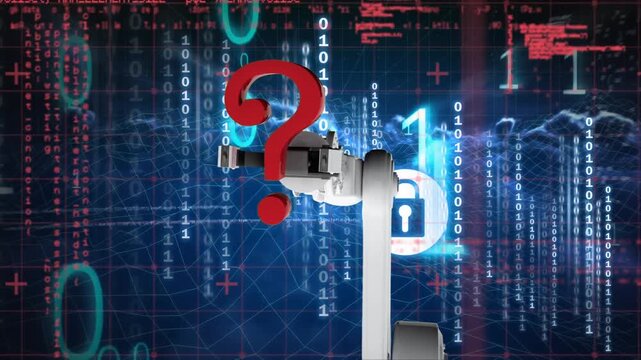 Animation of bionic hand with question marks in digital space with binary code