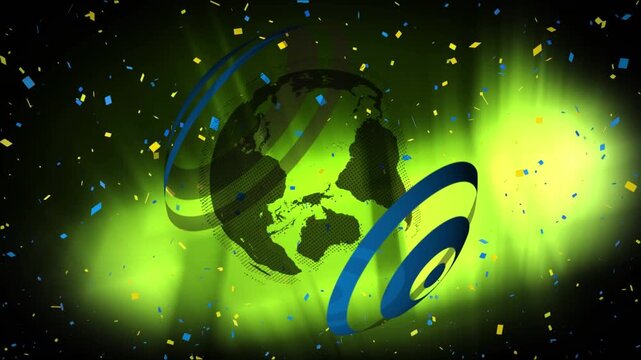 Animation of globe and falling confetti over glowing shape