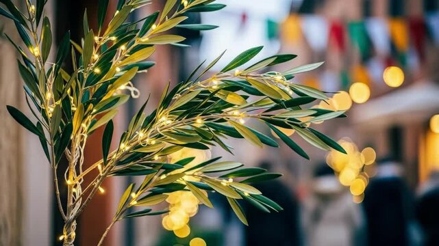 Illuminated olive branch with fairy lights on ancient stone wall. Italian flags and bokeh glows in background. Mediterranean festive decoration for easter tradition and holiday ambiance
