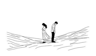 Fototapeta premium Minimal black and white line art sad couple on hill emotional distance relationship concept vector illustration