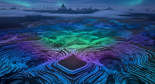 Surreal alien landscape with glowing topographic lines in vibrant blues and greens leading to a mysterious city silhouette under an aurora borealis sky