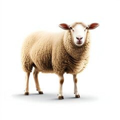 Fototapeta premium Adult sheep with thick wool standing and looking forward isolated on a white background