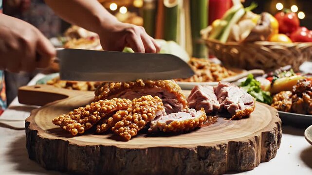 Whole Roasted Pig Lechon Filipino Style Spiced with Star Anise and Lemongrass Rotisserie Cooking Outdoors Festive Gathering Delicious Crispy Skin Presentation