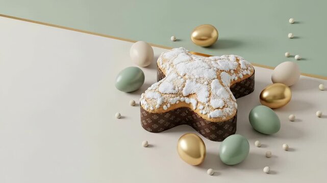 Colomba easter cake topped with powdered sugar. Traditional italian pastry shaped like dove. Surrounded by green white and gold painted eggs on pastel background. Spring holiday dessert for easter