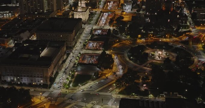 Philadelphia Pennsylvania Aerial v119 birds eye view flyover Logan Square, capturing freeway traffic, Callowhill neighborhood and downtown cityscape at night - Shot with Inspire 3 8k - Sept 28th 2023