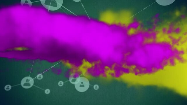 Animation of network of connections with icons and smoke trails over green background