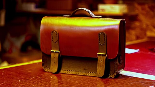 Handmade leather bag satchel on a wooden table in artisan workshop