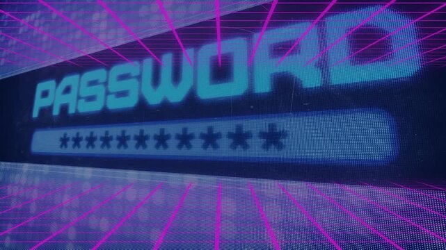 Animation of blue neon password text, asterisk marks on digital interface of video game