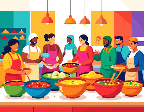 A diverse group of people in aprons sharing and serving various dishes of food at a community gathering or potluck event, showcasing cultural diversity and culinary traditions.