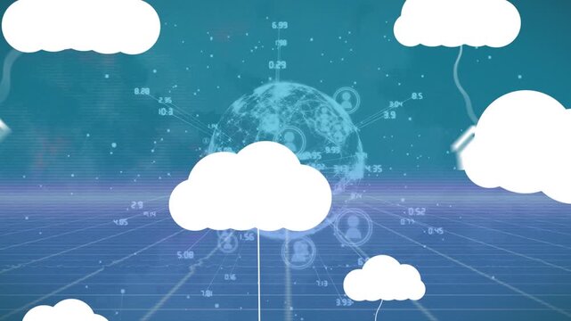Animation of clouds with media icons over globe