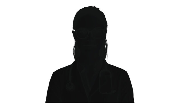 Silhouette profile of a female healthcare professional wearing a lab coat against a white background.