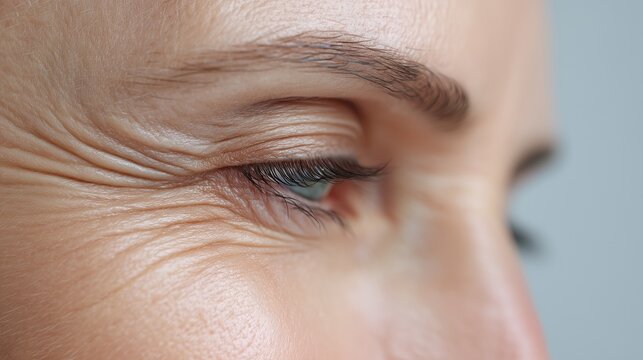 Close-up macro of lower eyelid and fine lines on mature human skin.